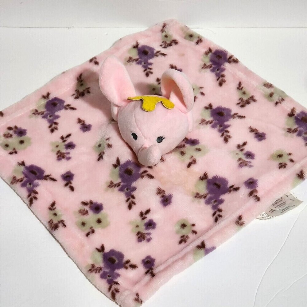 Luxe Pink Princess Elephant Floral Plush Baby Security Blanket Lovey 13"x13"